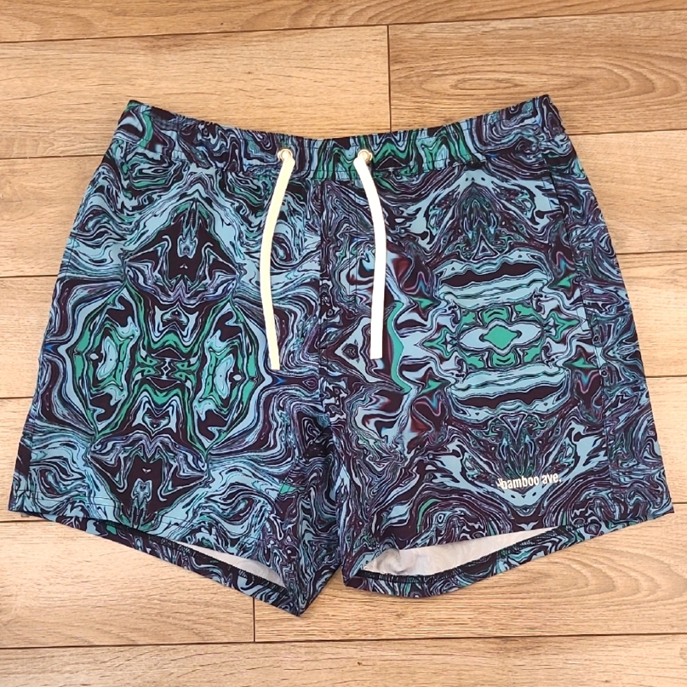 BAMBOO AVE Blue Green Paint Splatter Large Mens Athletic Workout Shorts